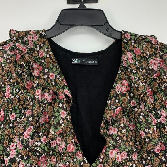Zara Dress Black Floral Print 3/4 Sleeve V Neck Mini Lined - Picture 5 of 13